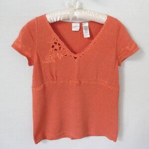 Emma James Pet orange v-neck embroidered short sleeve pullover sweater *Sz PM*